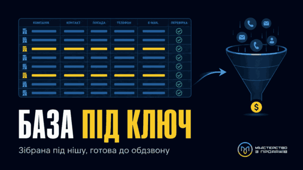 Чиста перевірена B2B-база під ключ, що йде в роботу відділу продажів, з написом «База під ключ» та підписом «Зібрана під нішу, готова до обдзвону»